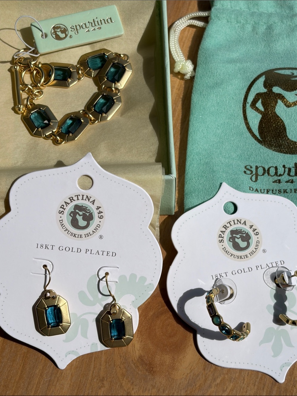 Spartina 449 Gold Earrings with Teal Crystal Drops